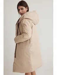 Dark Brown-Ecru Double-Sided Hooded Water Repellent Long Puffer Jacket - 12