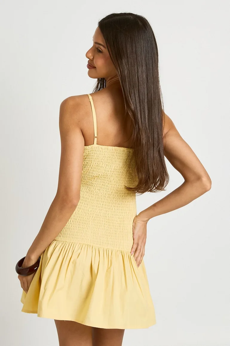 Shirred Bodice Poplin Mini Dress - lemon - 1