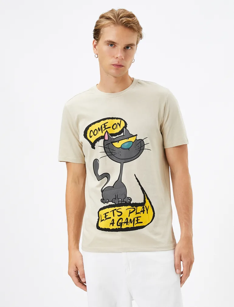 Cat Printed Crew Neck Short Sleeve Cotton T-Shirt - 2