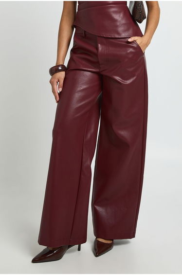 Leather Look Relaxed Fit Straight Leg Trousers - wine product thumbnail 4