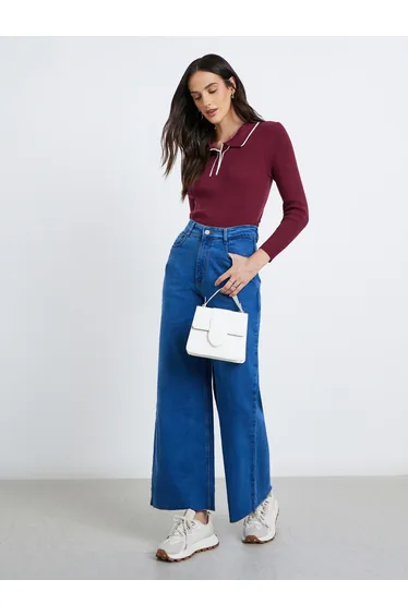 Textured Ribbed Long Sleeve Polo Top