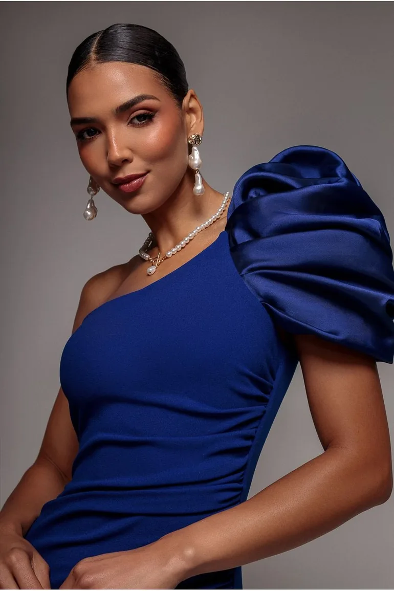 One Shoulder Puffed Satin Sleeve Evening Maxi Dress - Royal Blue by Goddiva - 2