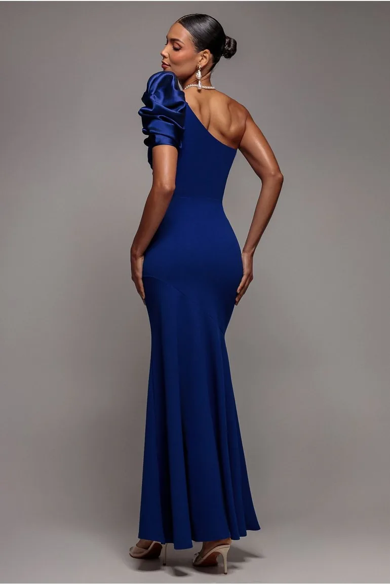 One Shoulder Puffed Satin Sleeve Evening Maxi Dress - Royal Blue by Goddiva - 1