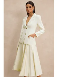 Metal Button Asymmetrical Sleeve Blazer & Midi Skirt Set - 3