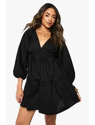 Cotton Poplin Ruched Balloon Sleeve Smock Dress - black