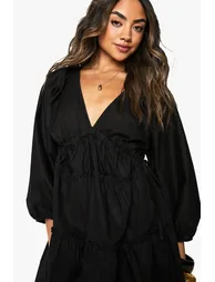 Cotton Poplin Ruched Balloon Sleeve Smock Dress - black - 3