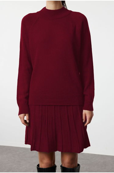 Burgundy Pleated Skirted Knitwear Top-Bottom Set product thumbnail 3
