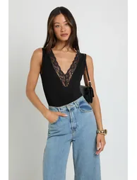 Tall Lace Trim V Neck Bodysuit - black