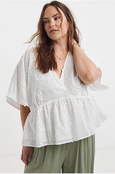 White Applique Floral Smock Blouse