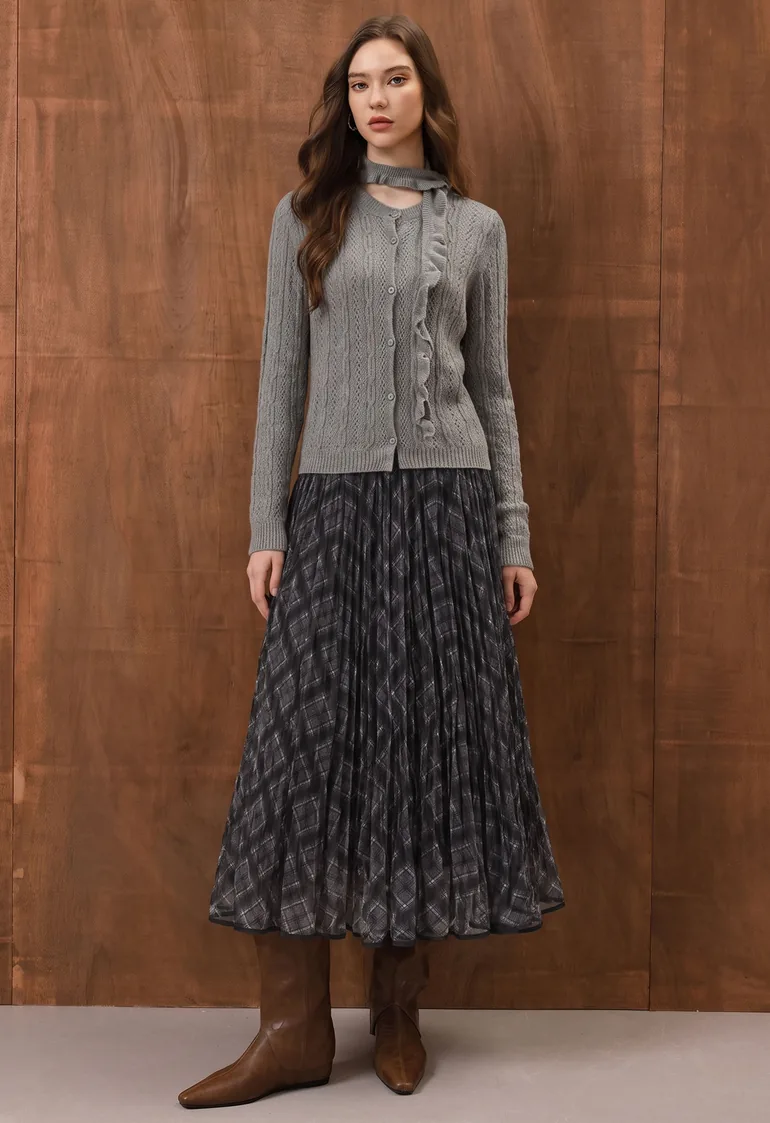 Button-Up Pointelle Knit Top with Sash in Grey for Weekend Dates & Casual Brunches