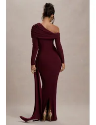 Valina | Burgundy Ruched Asymmetric Maxi Dress With Drape - 2