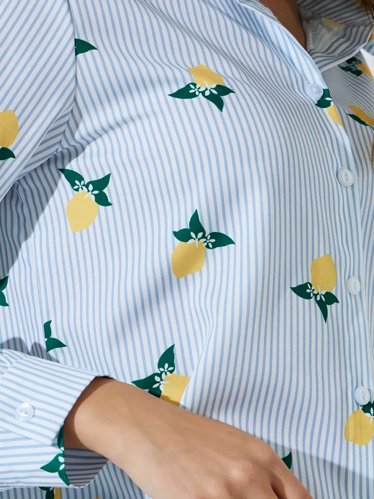 Blue Striped Lemon Print Casual Shirt - 3
