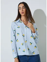 Blue Striped Lemon Print Casual Shirt - 2