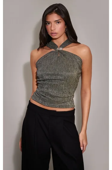 Black Shimmer Pleated Trim Detail Sleeveless Top