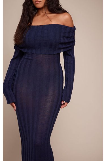 Shape Navy Fold Over Bardot Rib Maxi Dress product thumbnail 4