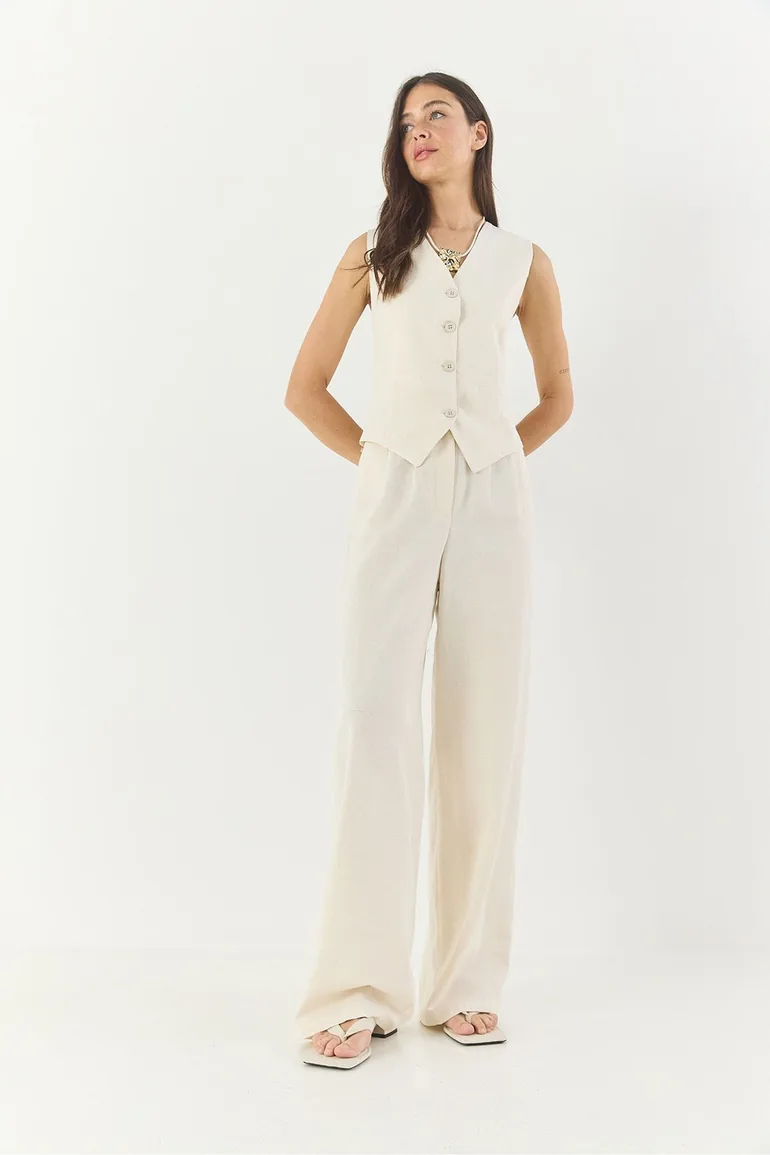 LUCCI V-neck Sleeveless High Waist Three-Piece Coord Set with Wide Leg Pants - 2