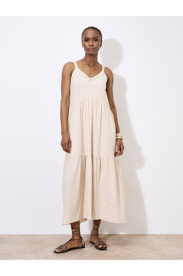 Bead Embellished Cotton Midaxi Dress