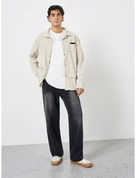Men Pocket Detail Metal Snap Button  Corduroy Jacket