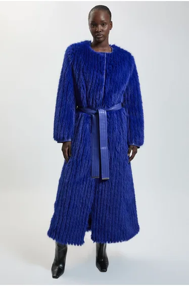 Textured Faux Fur Belted Collarless Long Coat