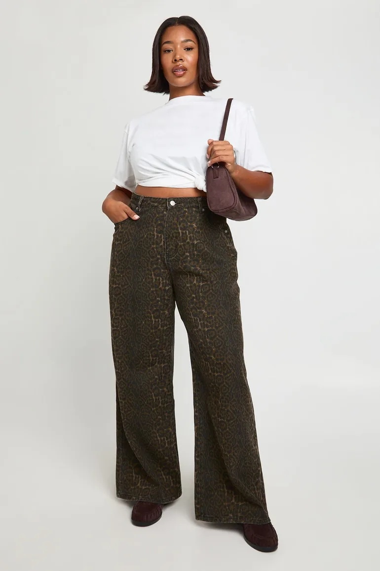 Plus  Leopard High Waist Wide Leg Jean - leopard