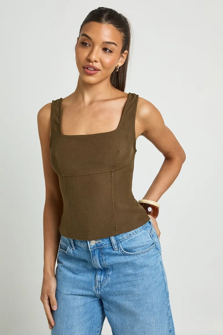 Wide Strap Tailored Corset Top - khaki - 1