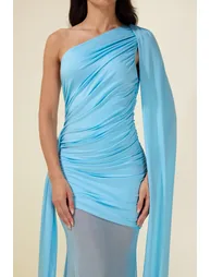 Mesh Splicing Jersey Cape Sleeve Maxi Dress - 6