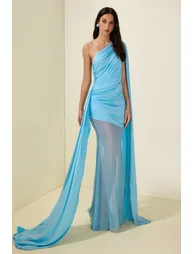 Mesh Splicing Jersey Cape Sleeve Maxi Dress - 5