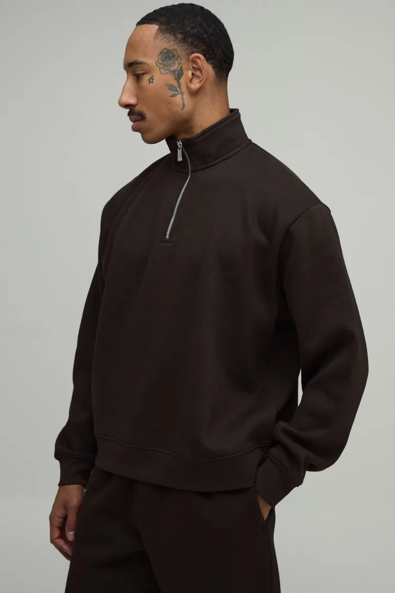 Essential Oversized Boxy 1/4 Zip Sweater - chocolate - 1