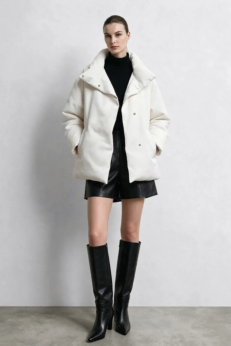 Belted Down Jacket with Buckle Closure