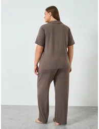 Plus Size Brown Knitted Shirt and Pyjama Set - 4