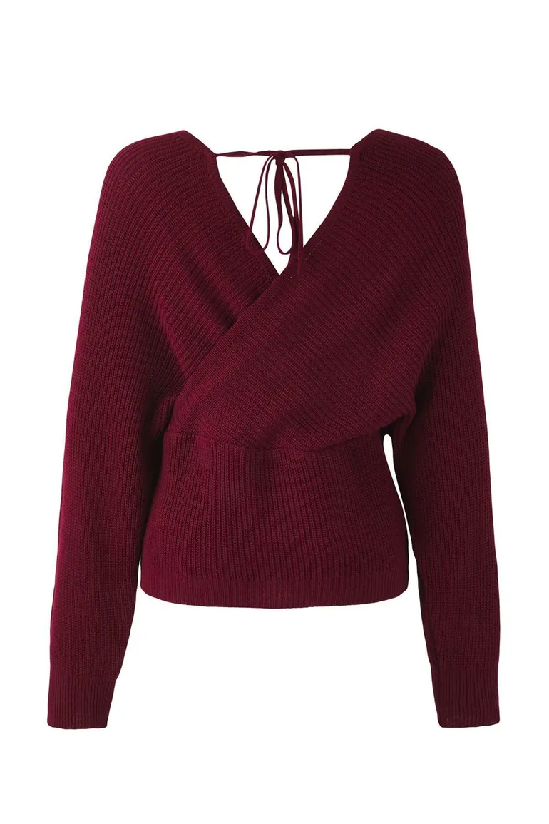 Burgundy Double-Breasted Closed Back Tie Knitwear Sweater - 2