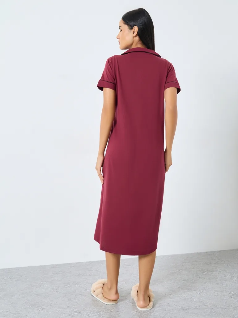 Contrast Piping Buttoned Nightshirt with Pocket - 4