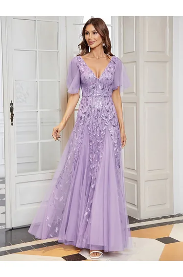 Deep V Neck Sequin Evening Gown With Short Sleeves