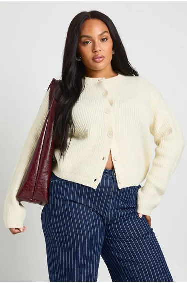 Plus Rib Button Down Knit Cardigan - cream