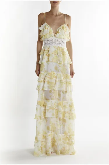 Yellow Watercolour-Floral Sophia Plunge Front Tiered Ruffle Maxi-Dress