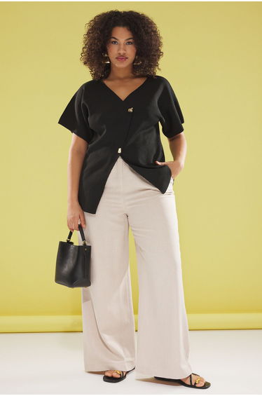 Black Buttoned Asymmetric Closure Knit Blouse