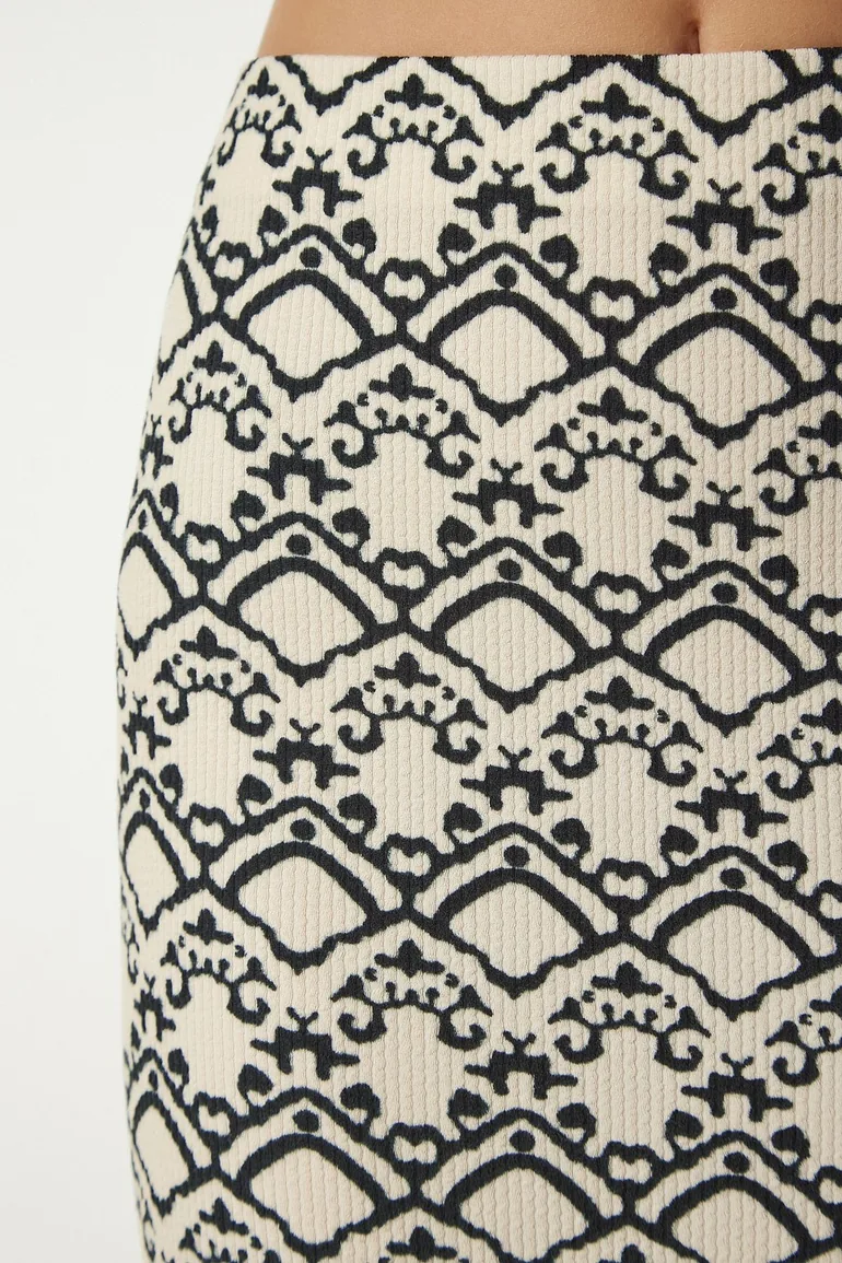 Women's Black Beige Patterned Slit Camisole Skirt - 6