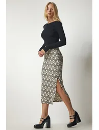 Women's Black Beige Patterned Slit Camisole Skirt - 1