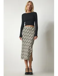 Women's Black Beige Patterned Slit Camisole Skirt - 3