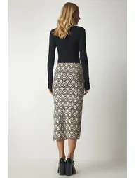 Women's Black Beige Patterned Slit Camisole Skirt - 5