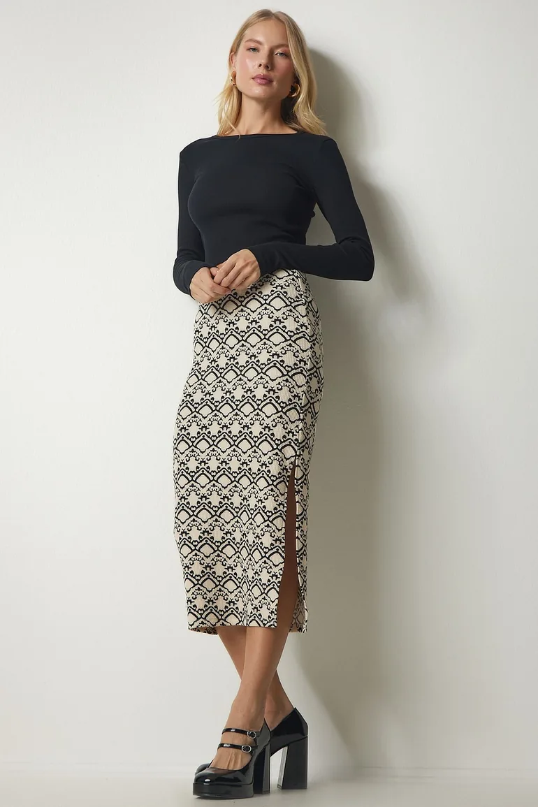 Women's Black Beige Patterned Slit Camisole Skirt