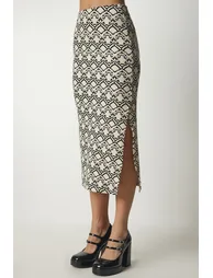 Women's Black Beige Patterned Slit Camisole Skirt - 4