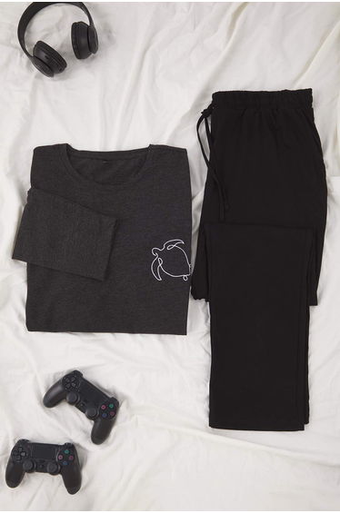 Anthracite Regular Fit Embroidered Knitted Plus Size Pajama Set