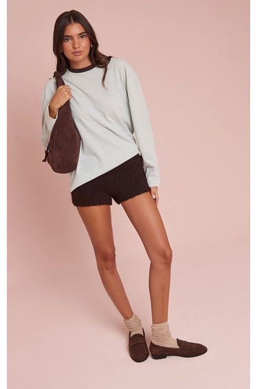 Sage Green Stripe Cotton Long Sleeve Boxy Top