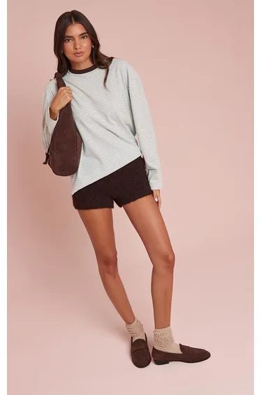 Sage Green Stripe Cotton Long Sleeve Boxy Top