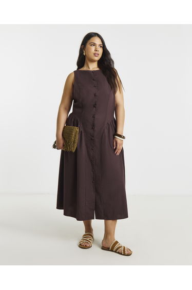 Linen Boat Neck Midi Dress