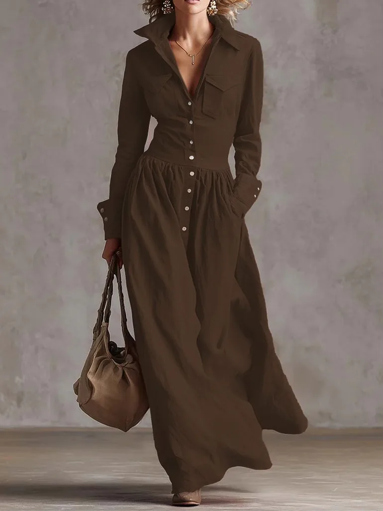 High Waisted Long Sleeves Buttoned Pleated Pockets Solid Color Split-Joint Lapel Maxi Dresses - 1