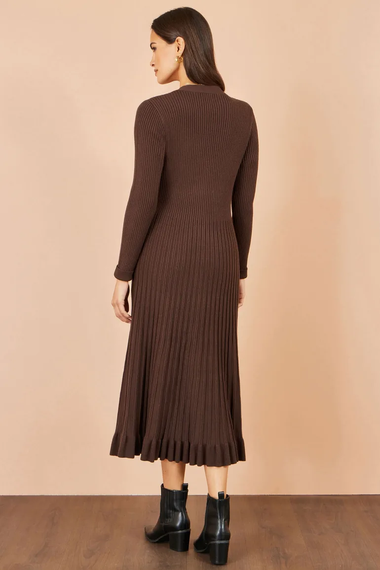 Yumi Brown Viscose Knitted Midi Ribbed Dress - 1