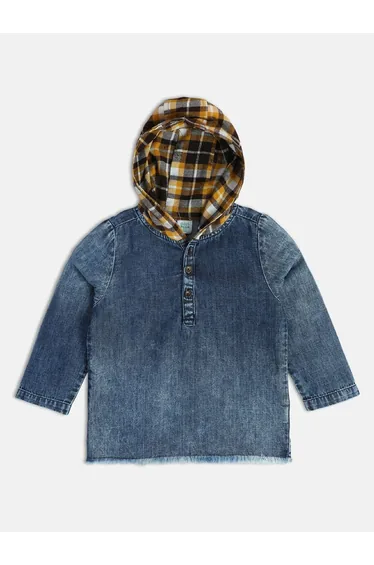 Boys Denim Look Pullover with Plaid Hood