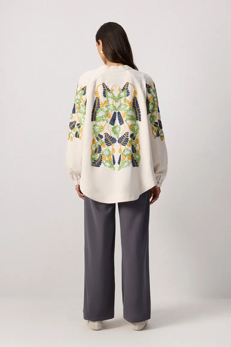 LINEN TEXTURED EMBROIDERED KIMONO - 1